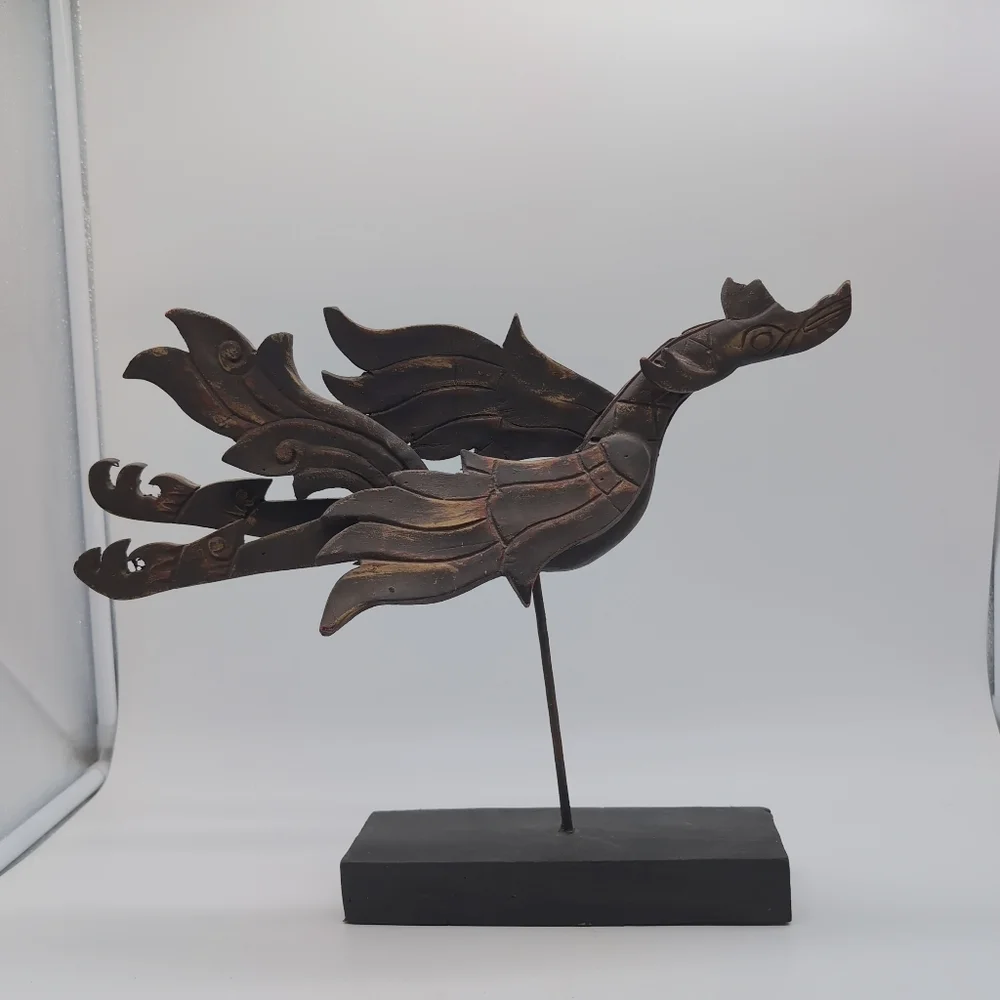 Thailand Carved Dragon/ Phoenix Flying Dewi Sculpture - Picture 2 of 6